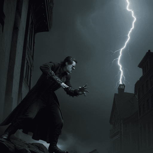 AI generated: Frankenstein labatory, intricate detail, gothic, cinematic style, style: 30's movie, action scene, l...