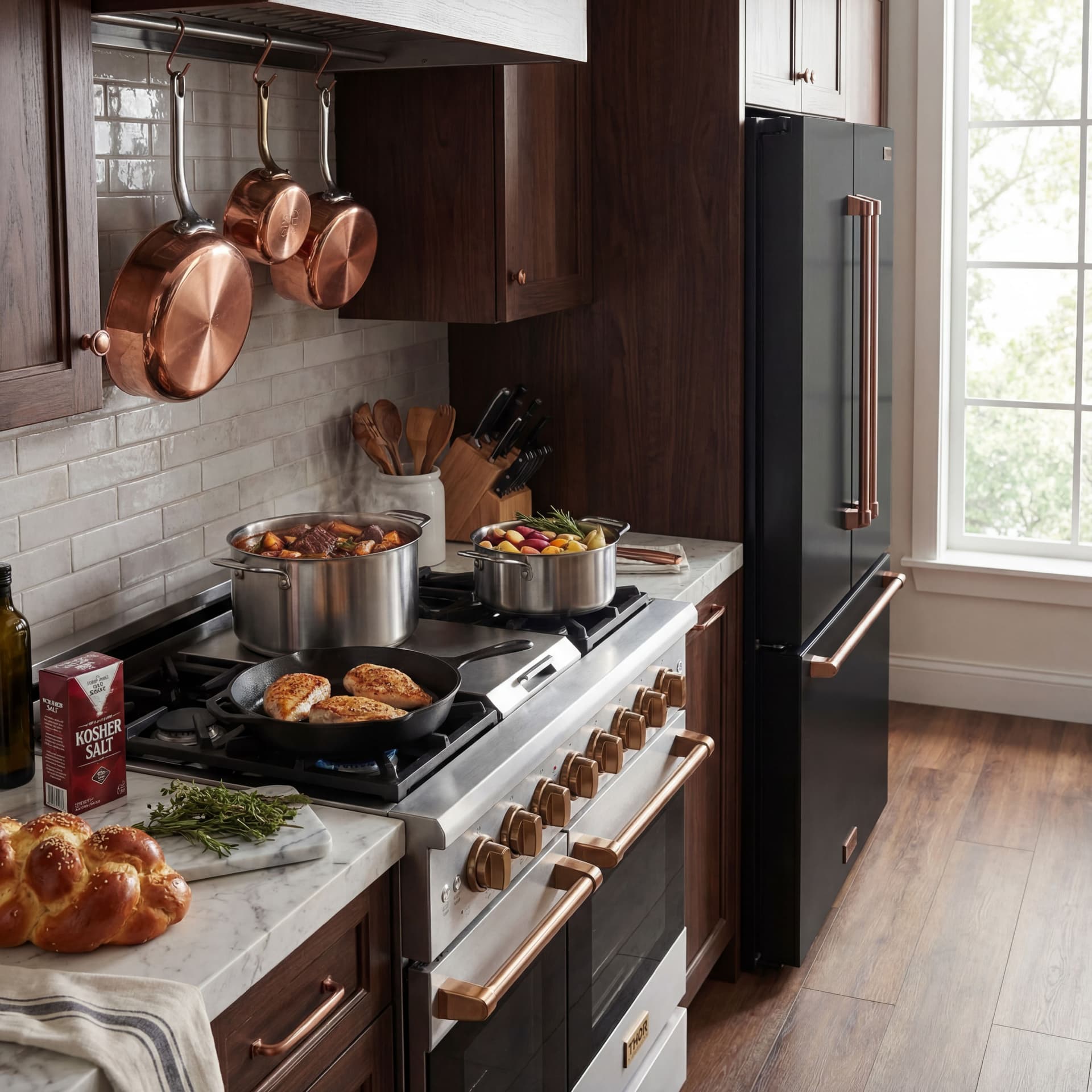 AI generated: turn into a lifestyle photo. Luxury kitchen. Show food  on stove the food should be Kosher. Realisti...