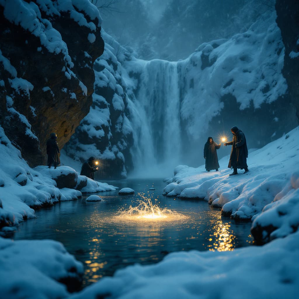 AI generated: Photo style, heavy snow, hot spring source, small waterfall, dark night, strong wind, three dying fi...