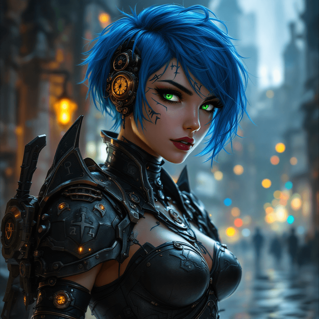 AI generated: 19. The Time-Warping Runesinger: A unique character with short, vibrant blue hair, often styled in a...