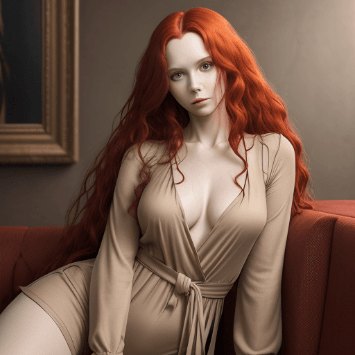 AI generated: A woman with long wavy red hair, wearing a beige deep V-neck romper with long sleeves and tied waist...