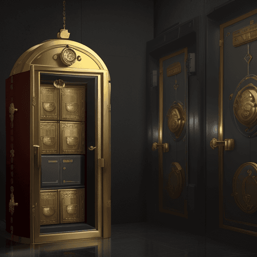 AI generated: The avatar shows a stylised safe or vault resembling a bunker, with a large gold lock and massive do...
