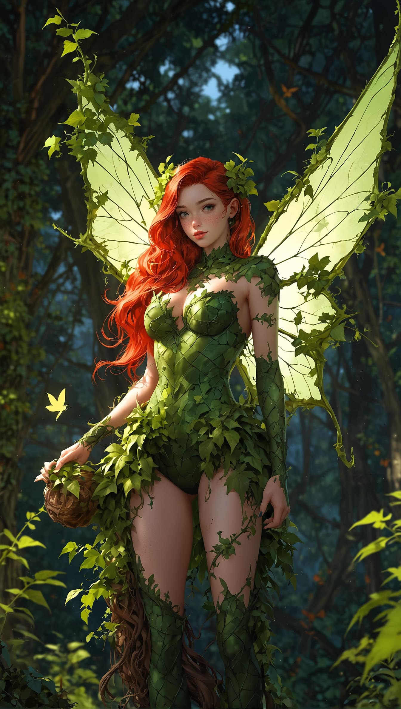 AI generated: ultra detailed phot shot of a woman (Jia Lissa) dressed as Poison Ivy, with wings made of ((grassy-l...