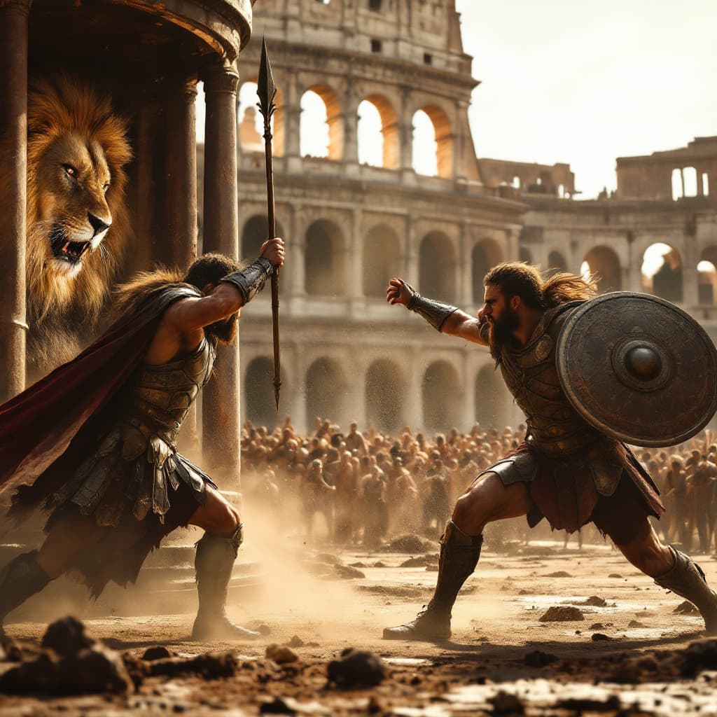 AI generated: two ancient warrior fighting in middle of The Colosseum, in the center of the city of Rome, and a hu...
