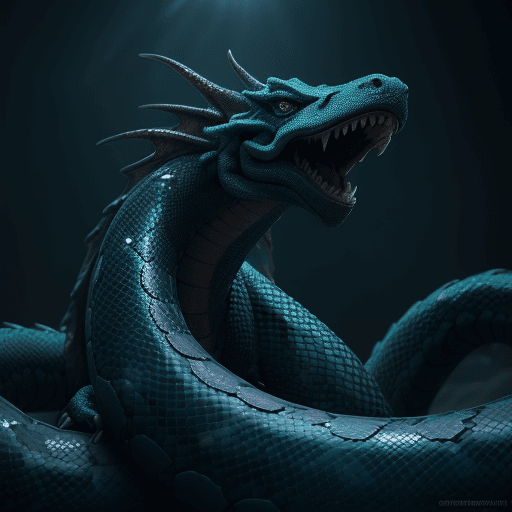 AI generated: Dragon-like monster with nine snake heads, 8k, bioluminiscent, hyper realism, high detail, octane re...