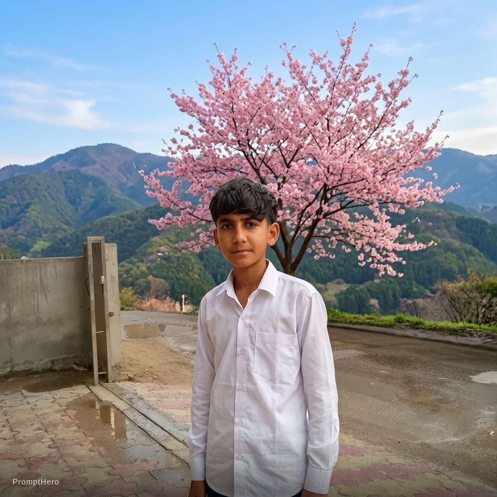 AI generated: change shirt into white and background into one pink tree and mountain

