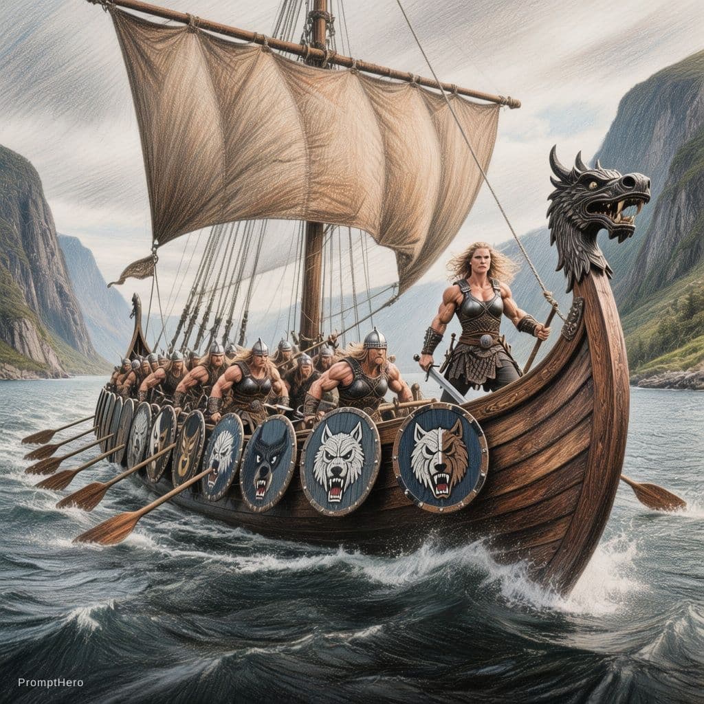 AI generated: Hyper-detailed cinematic dark fantasy illustration of a realistic historical Viking longship sailing...