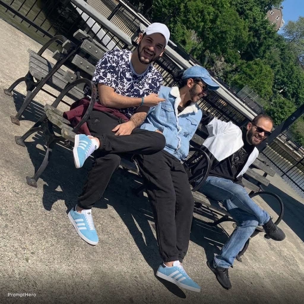 AI generated: The person who is on the left side change his shoes to be the uploaded shoes