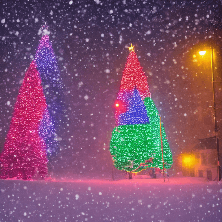 AI generated: Huge colorful Christmas Tree with tousands lights in a town with lot of snow in the style of Gregory...