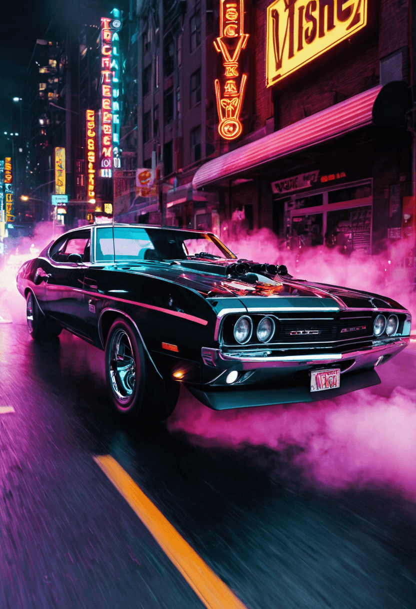 AI generated: Alien-themed A late '60s muscle car,chrome-trimmed and powerful,revs its engine as it prepares for a...