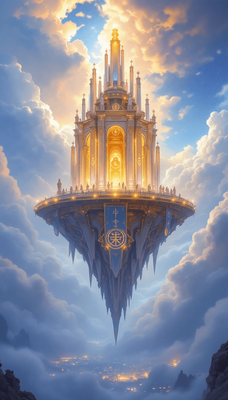 AI generated: Imagine a magnificent temple floating amidst the clouds, seen fully from ground level upward, in an ...