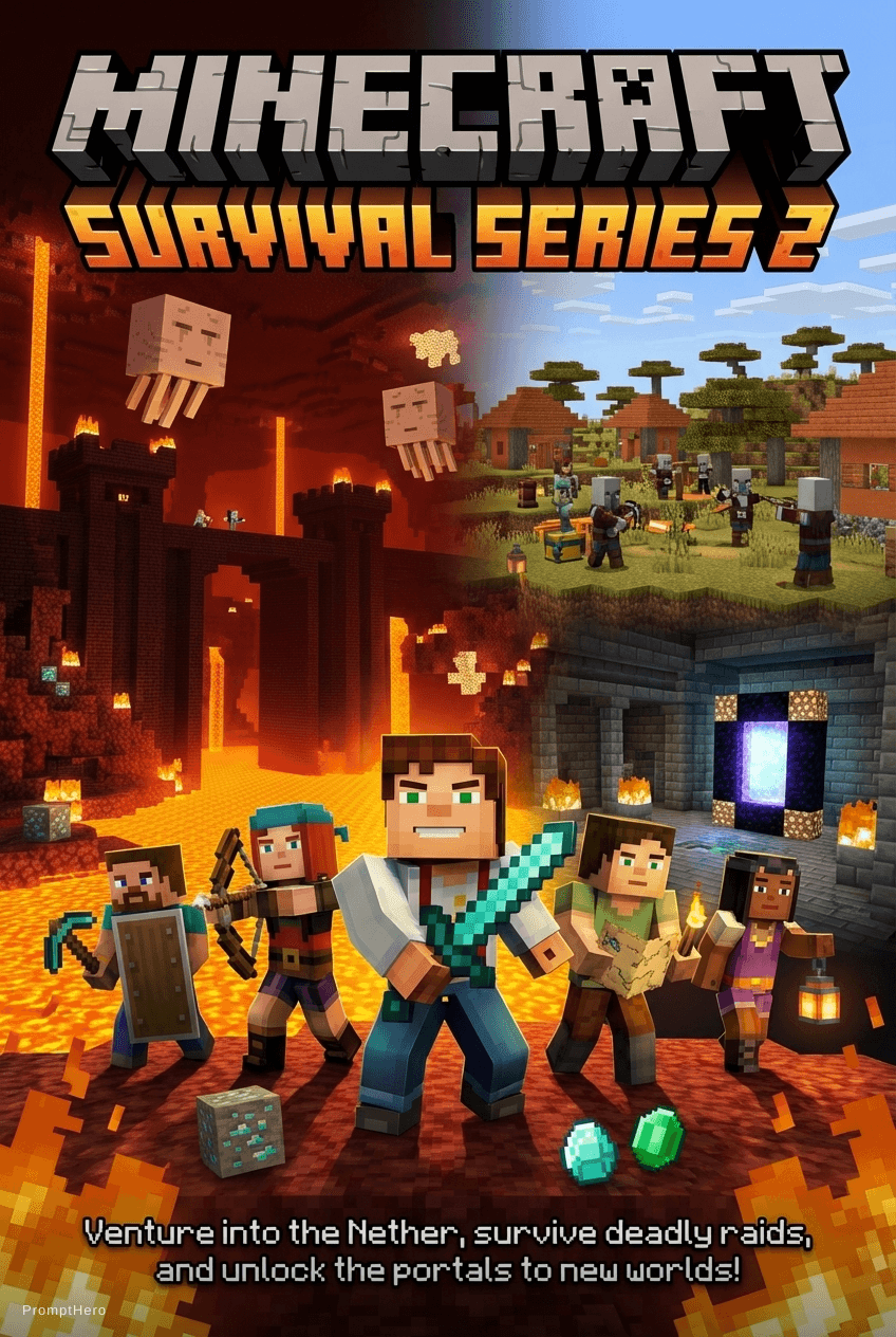 AI generated: Epic Minecraft adventure scene featuring 5 characters: Jesse (main protagonist with enchanted diamon...