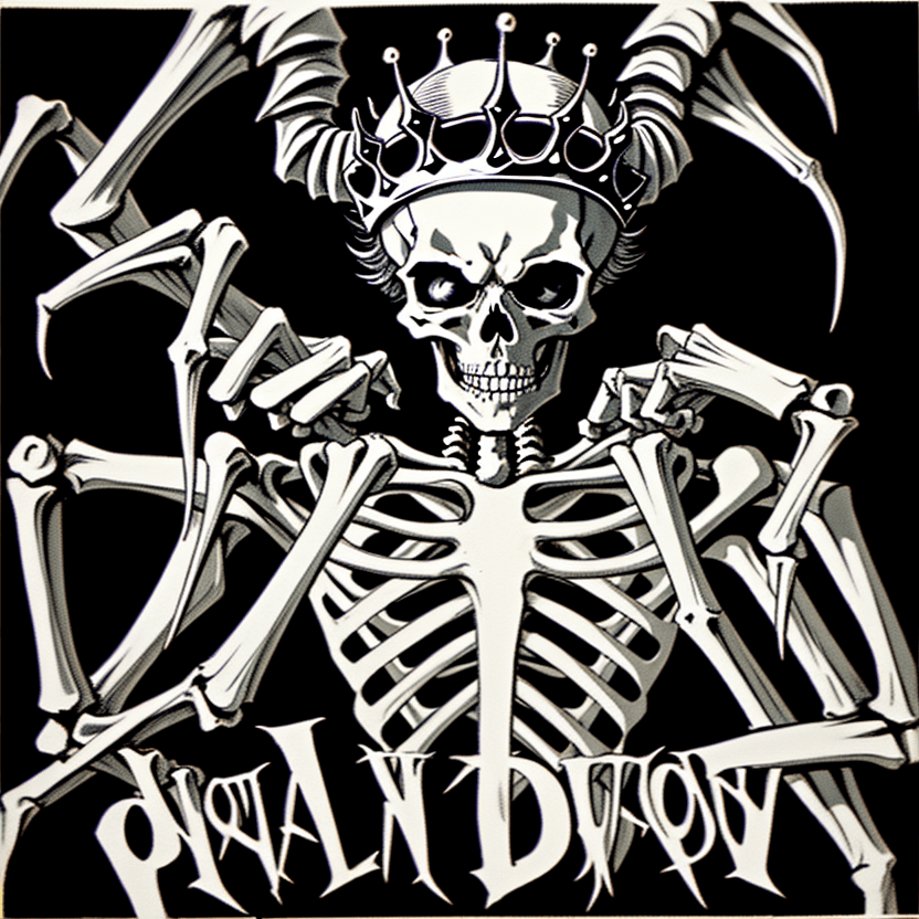 AI generated: Skeleton, Demon's Crown, in style of Raymond Pettibon, black background, half body