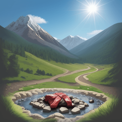 AI generated: mountains, a heap of hot coals on the ground, a piece of juicy meat is roasting on a spit over hot c...