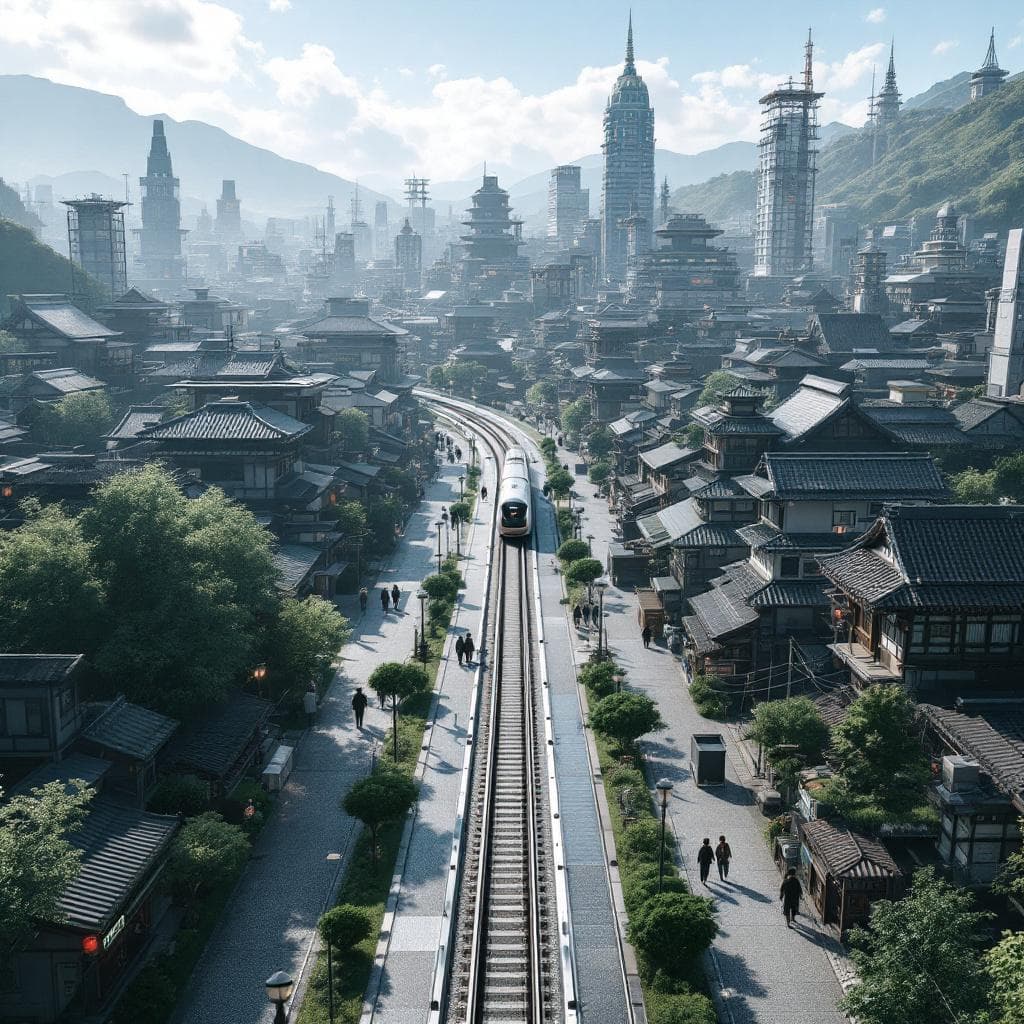 AI generated: Display an aerial view of a sleek, futuristic Old Japanese City, a reminder of the rough terrain of ...