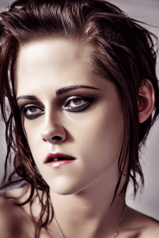 AI generated: Kristen Stewart dressed as porn, gorgeous, attractive, flirting, (((full body visible))), looking at...