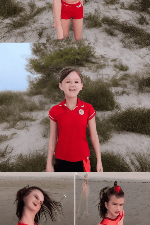 AI generated: 1girl, (full body), (action shot), (dynamic pose), (a girl as a lifeguard wearing a plain white shir...