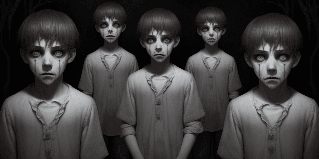 AI generated: Creepy ghostly children , A teenage Boy,. Pale faces, dark eyes, haunting stare, seemingly harmless ...