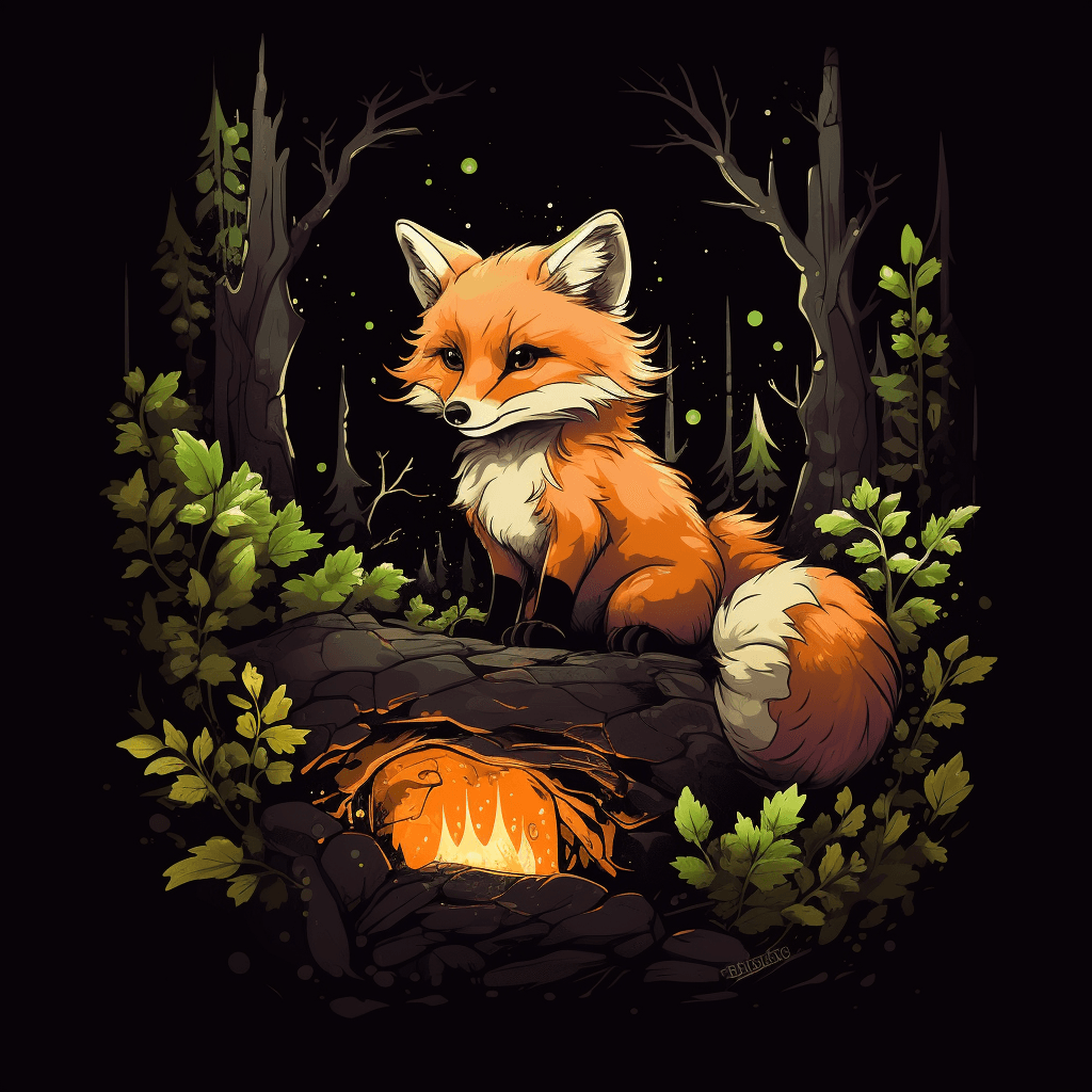 AI generated: Tshirt illustration, Curious fox, exploring, curious, adventurous scene, earthy scheme, Fire, black ...