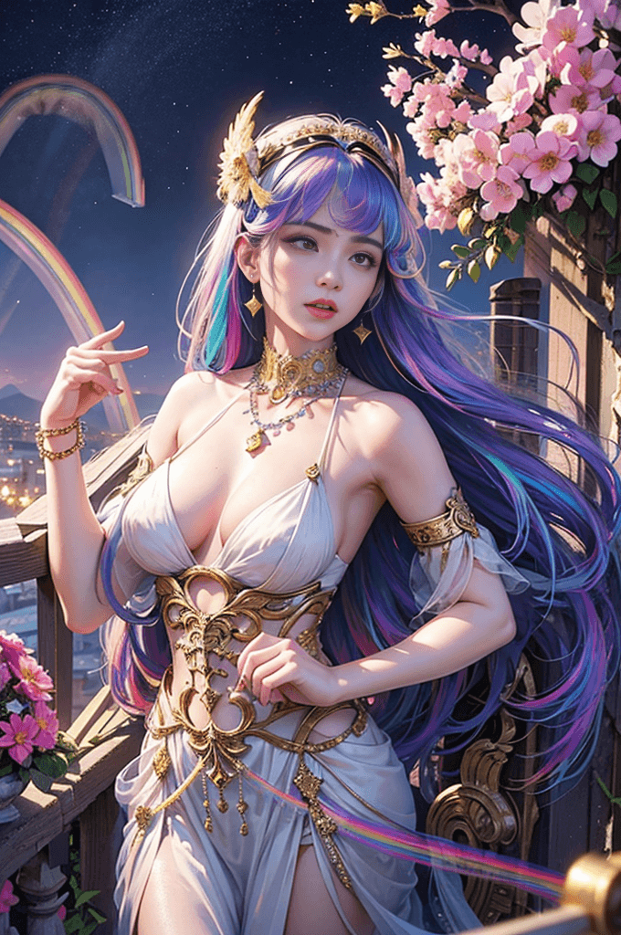 AI generated: 1 20 year old girl, 1 athena goddess from the future, Athena goddess pink purple, athena goddess fac...