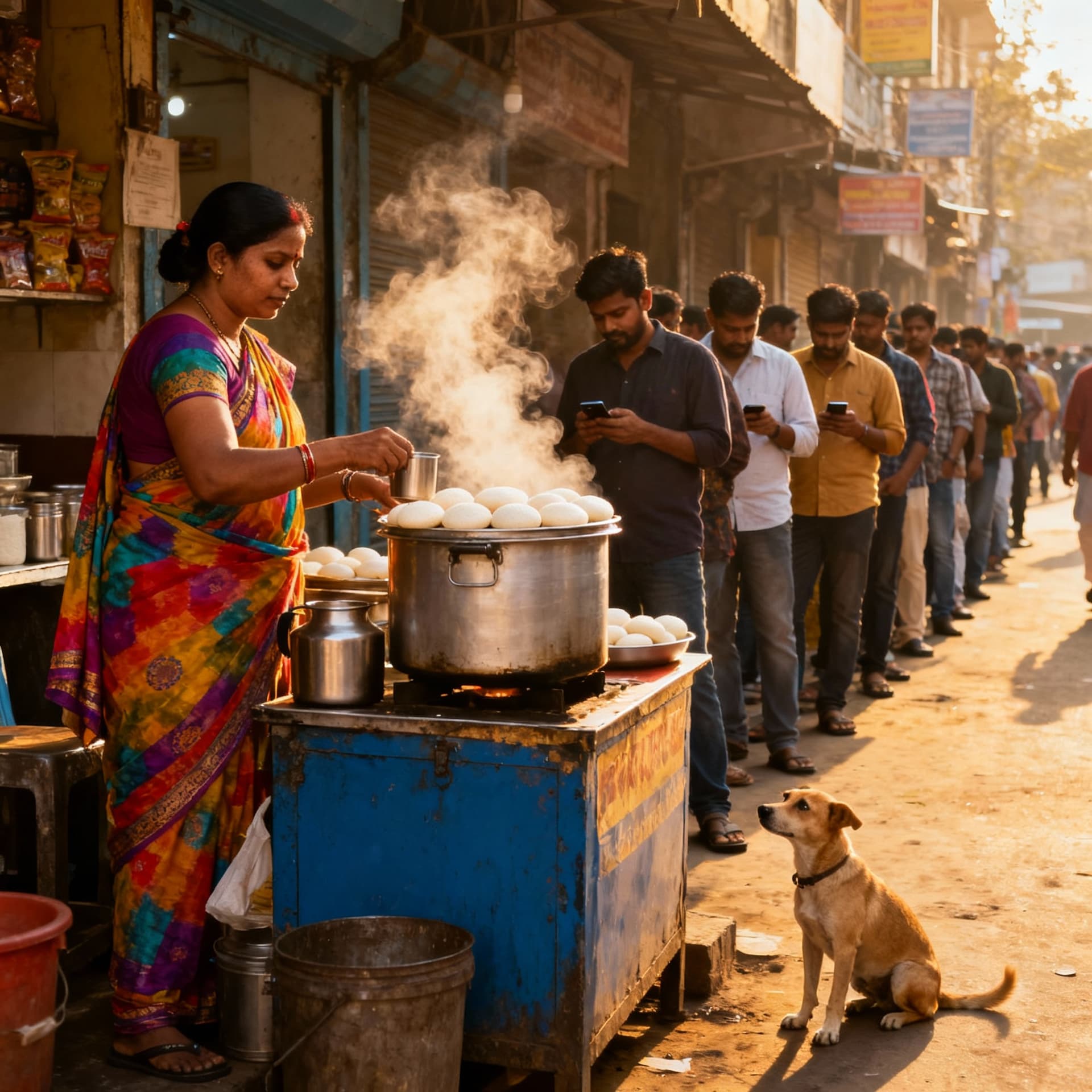 AI generated: Tea stall woman selling idli and lots of people waiting for food there is a dog also 