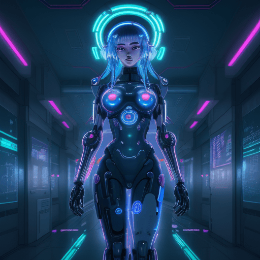 AI generated: A cyberpunk anime illustration of a robot nurse in a futuristic hospital, neon lights reflecting off...