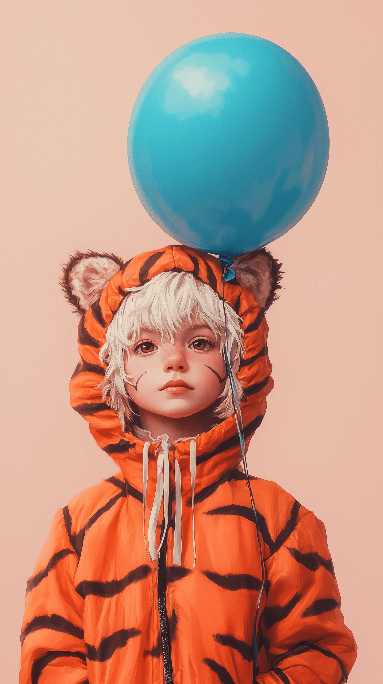 AI generated: digital art portraits, boy aged 8, short and white hair color, wearing a playful orange and black ti...