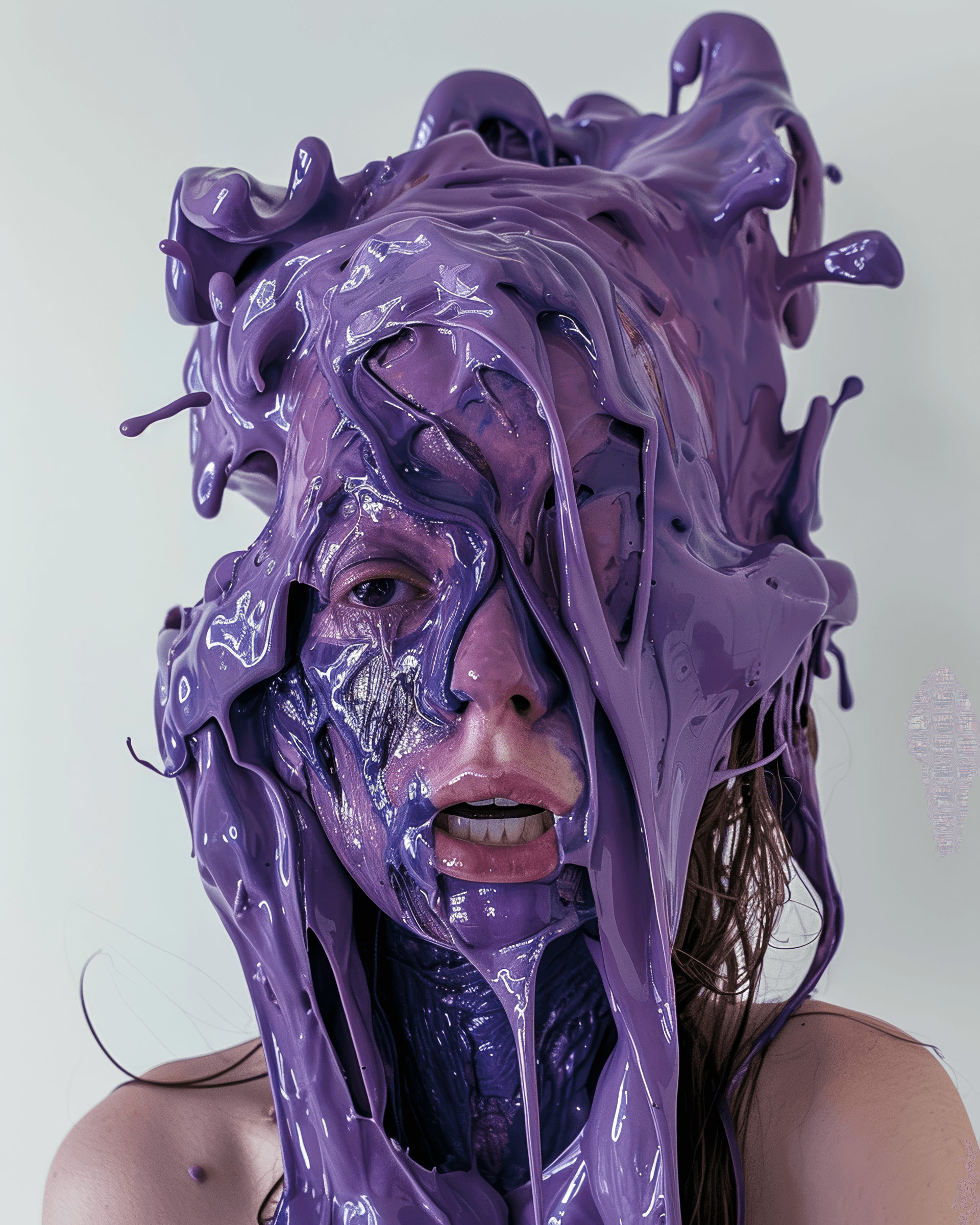 AI generated: The disfigured body of a woman with skin made out in the style of dark blue and purple hues, her hea...