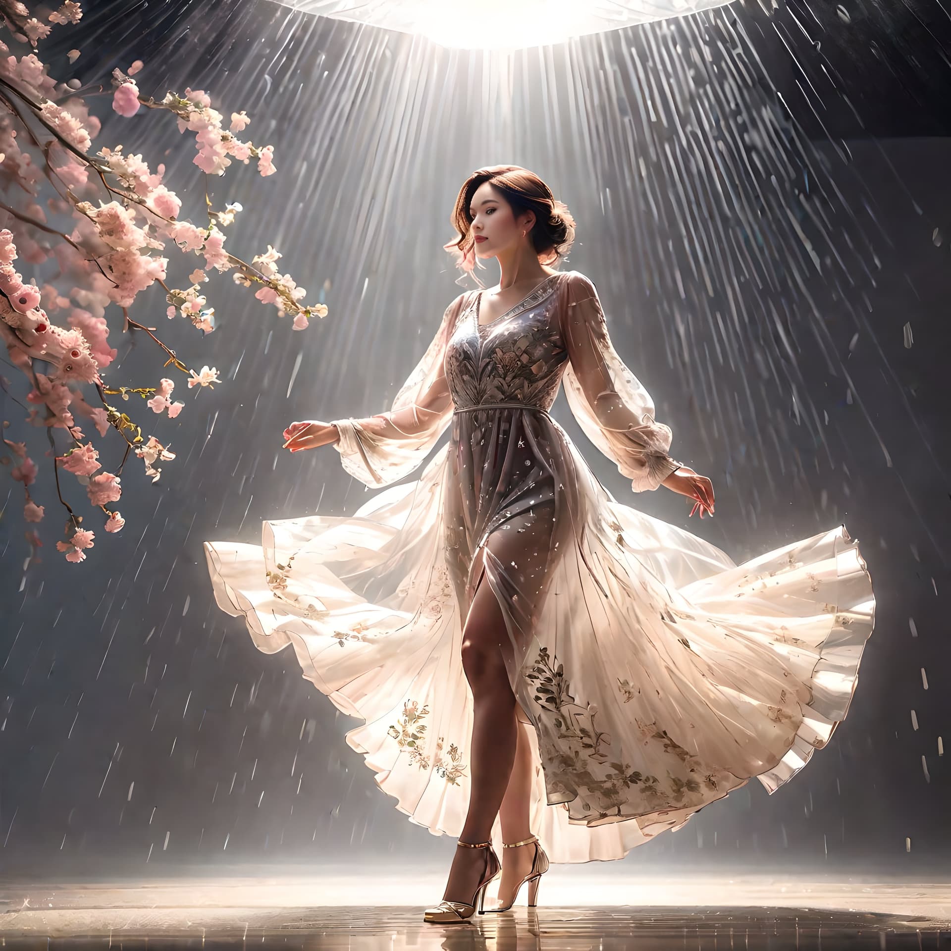 AI generated: A women in a beautifully detailed semi-transparent dress dancing in a void under a light, bloom, stu...