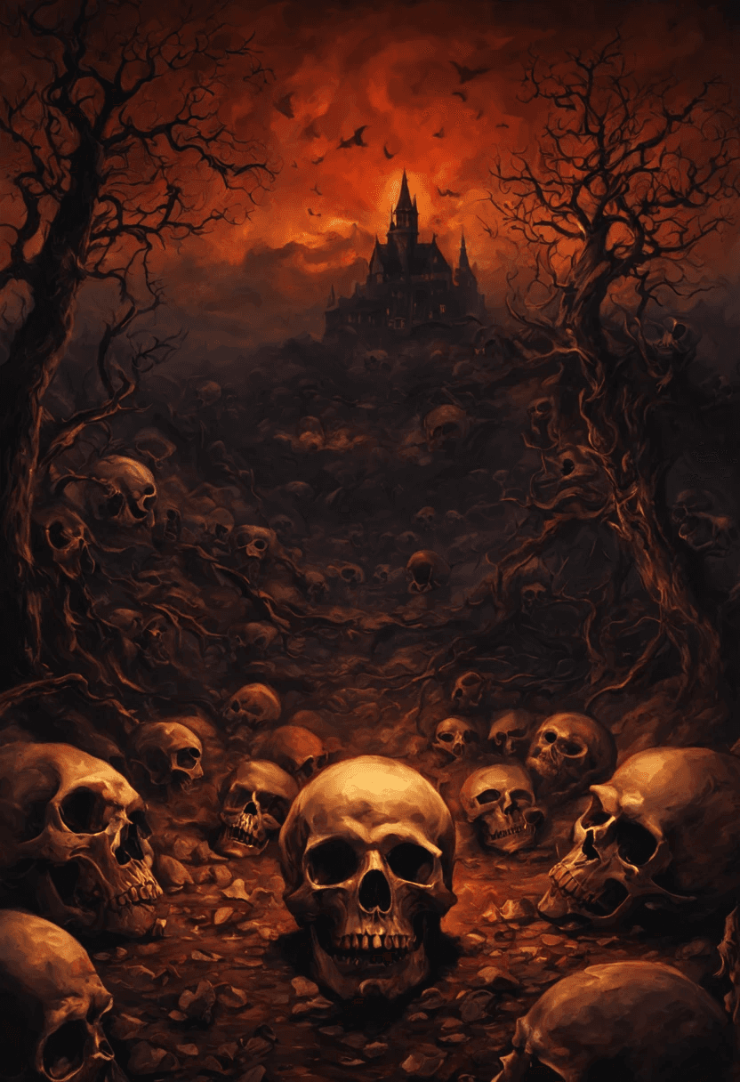 AI generated: (nightscape), horror, haunted, corpses, skull, image depicting hell, Necronomicon, pictorial style p...