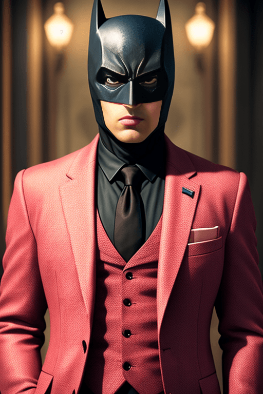 AI generated: batman in a pink suit, gothic, gold, neoclassical, elegant, cinematic, shot photography by Wes Ander...