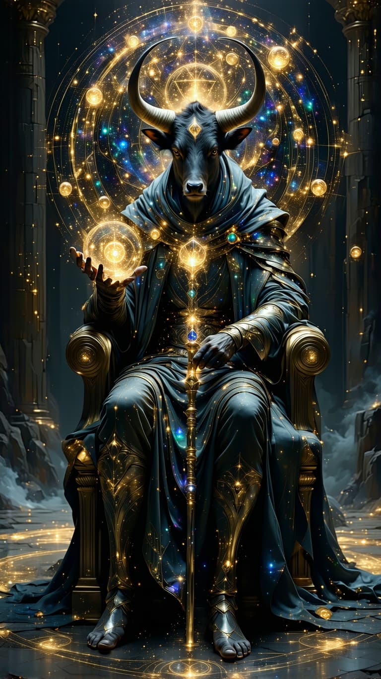 AI generated: A regal celestial king, adorned in opalescent golden armor etched with cosmic fractals, sits upon a ...