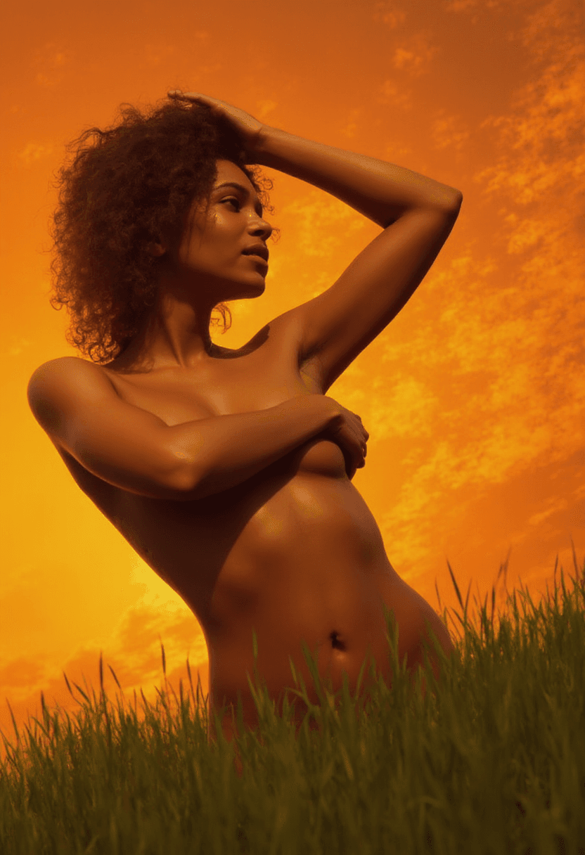 AI generated: A fit, naked adult woman stands gracefully in a field of tall grass, her curly hair cascading over h...