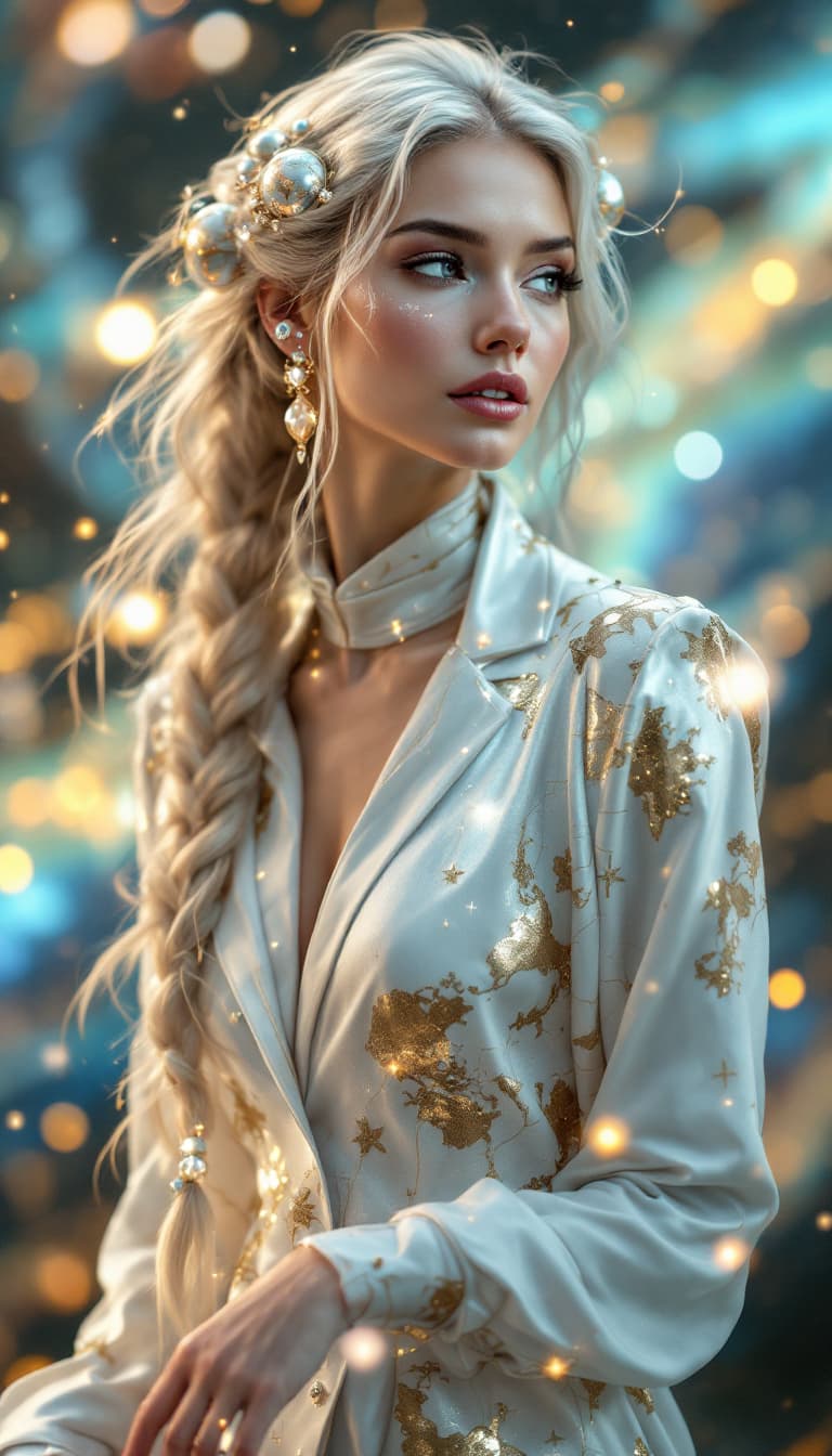AI generated: An ultra-realistic, full-body portrait of a captivating celestial cartographer woman, radiating divi...