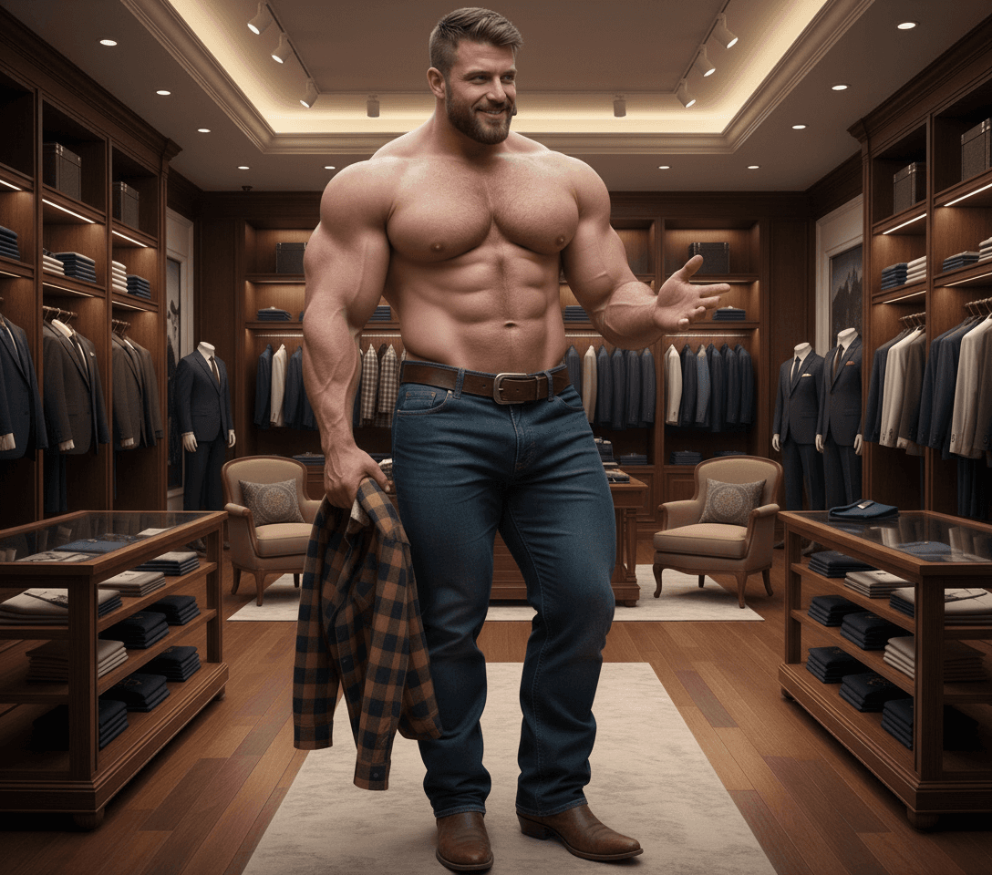 AI generated: The model is expressing conversation with one of his hands, while holding his shirt on the other han...