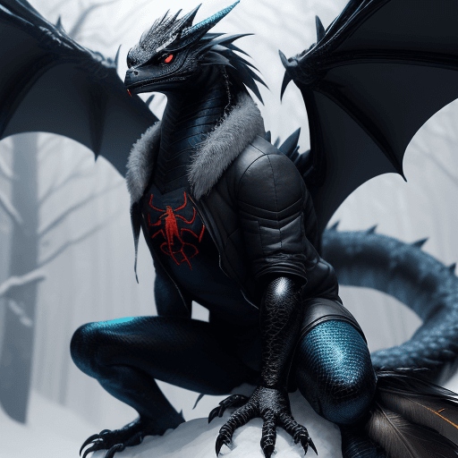 AI generated: handsome cute black dragon in snowy forest, wearing cyberpunk spiderman jacket blue, dnd character, ...