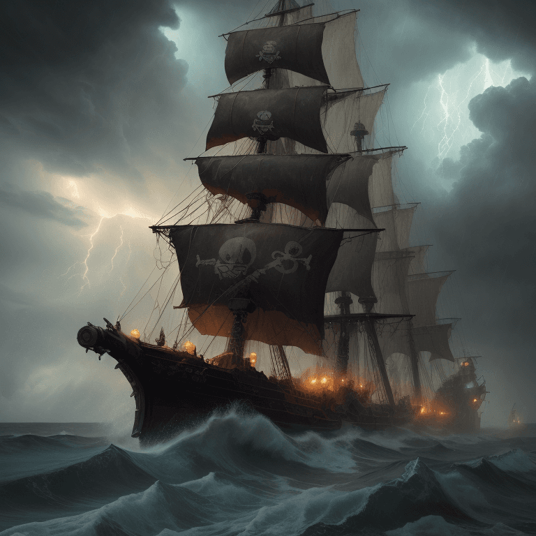 AI generated: oil painting with heavy impasto of a pirate ship after a sea battle, turbulent sea, thunderstorm, ra...