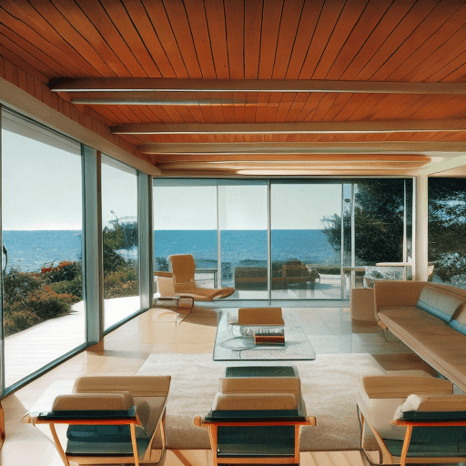AI generated: Hyper realistic eye level exterior photo of a mid century modern style house overlooking the ocean, ...