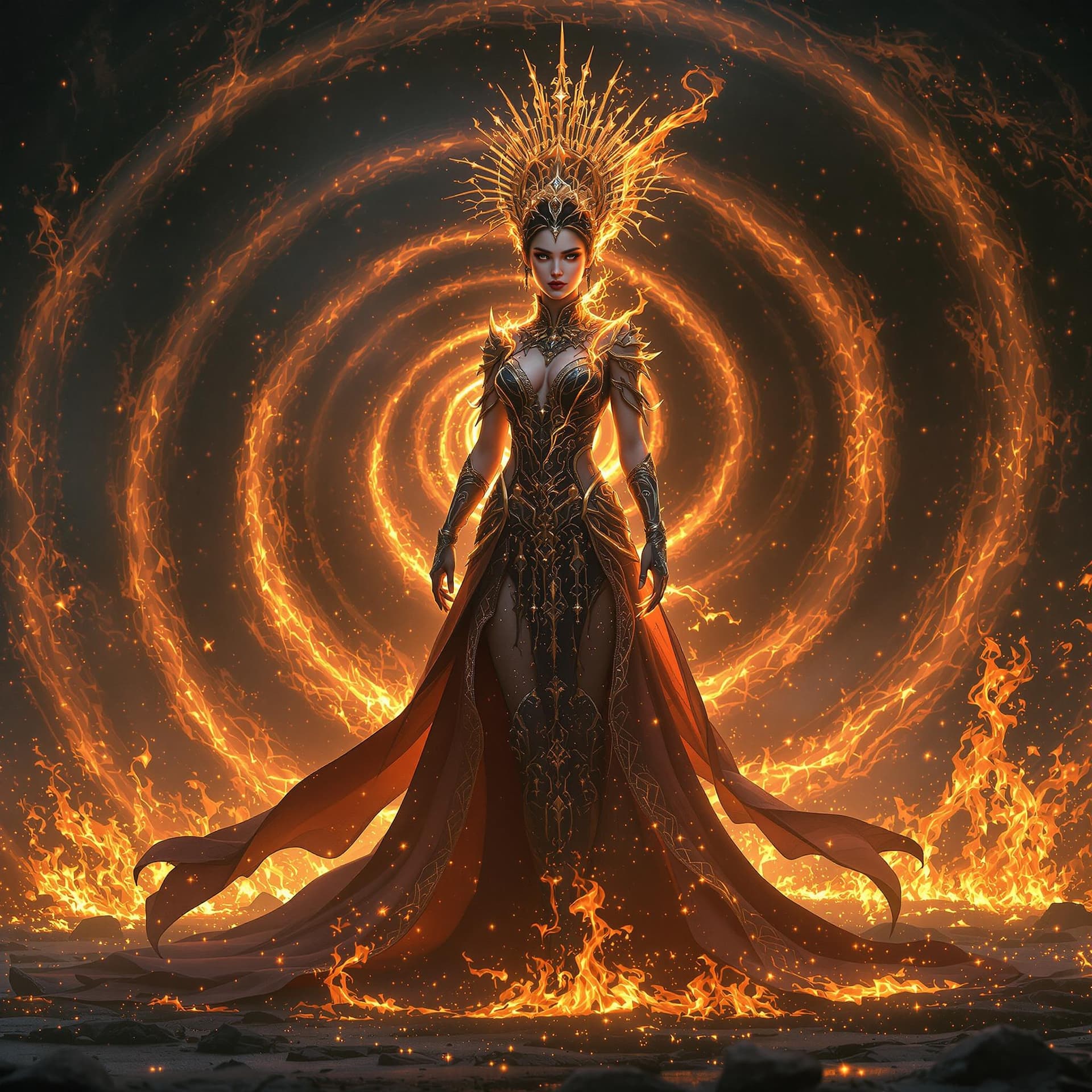 AI generated: young beautiful Queen of the fire standing on ground in spiral flame fog background, glorious, full ...