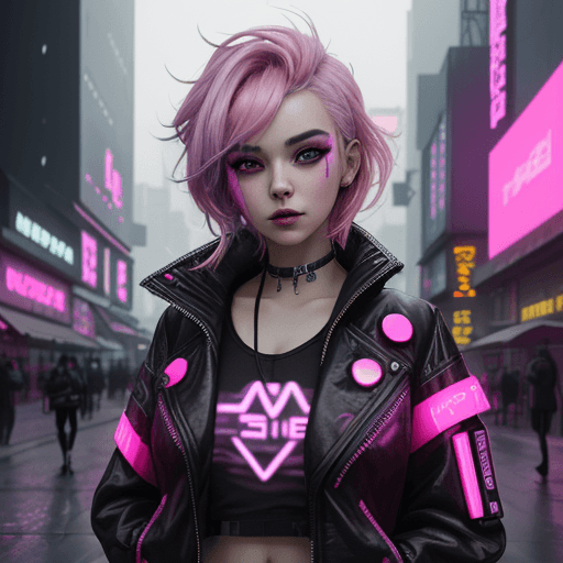 AI generated: Lady with cute face, elegant body, beautiful sleepy eyes, wearing black jacket short, colorful neon ...