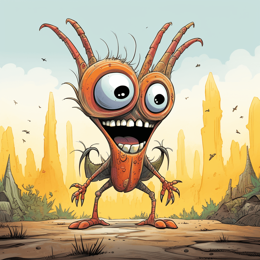 AI generated:  cartoon of a colorful creature, big eyes and big teeth, big antennae, light bronze and orange schem...