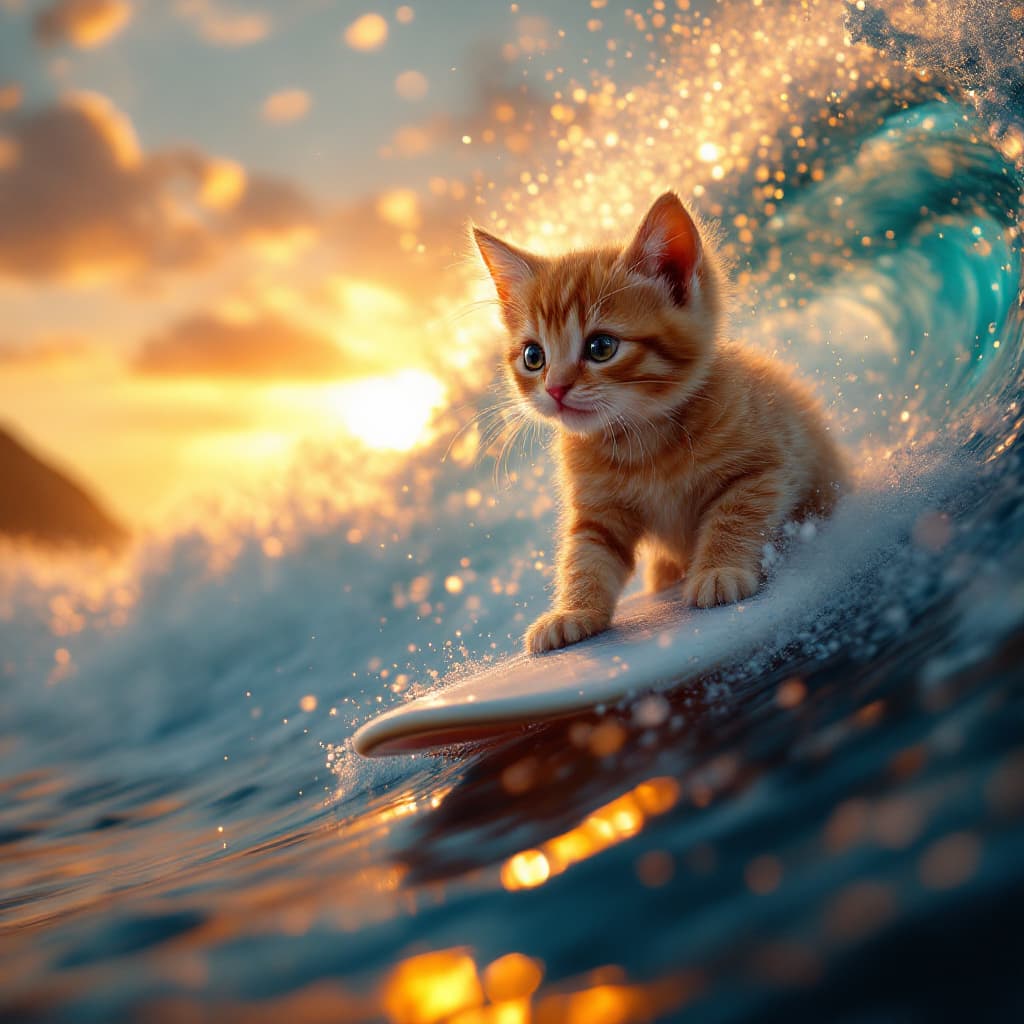 AI generated: photorealistic 32k, baby cat surfing a wave, cinematic lighting, sunset 
