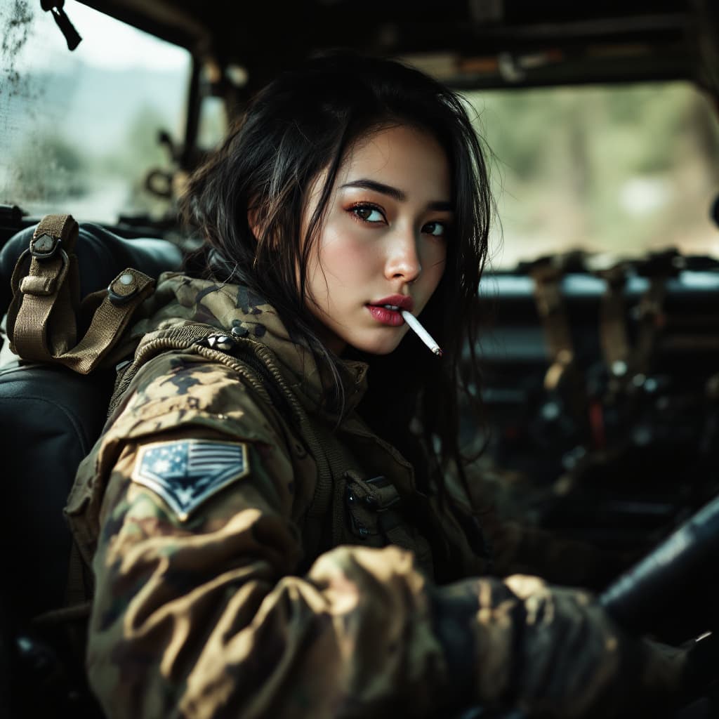 AI generated: female,,Asian girl,  She is wearing combat gear ,The woman is smoking a cigarette, she is driving a ...