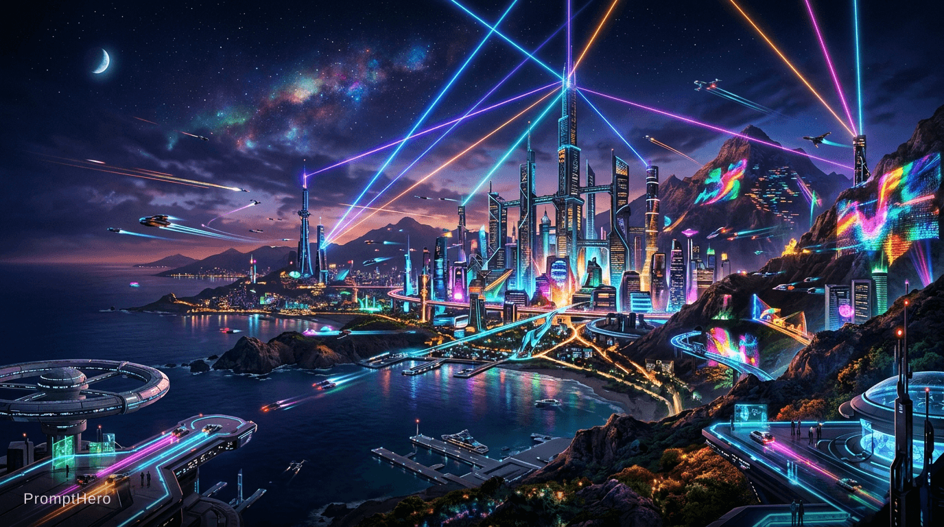AI generated: un paisaje furista, con tecnolofia avanzada, rayos laser, luces proyectadas, texturas multicolores