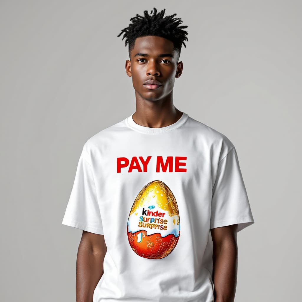 AI generated: A photorealistic fashion catalog photoshoot for the clothing brand [PAY ME]. A model wearing a moder...
