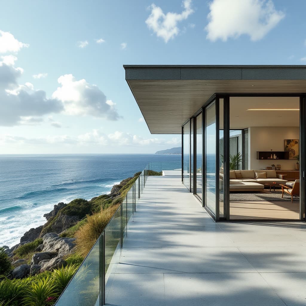 AI generated: Hyper realistic eye level exterior photo of a mid century modern style house overlooking the ocean, ...
