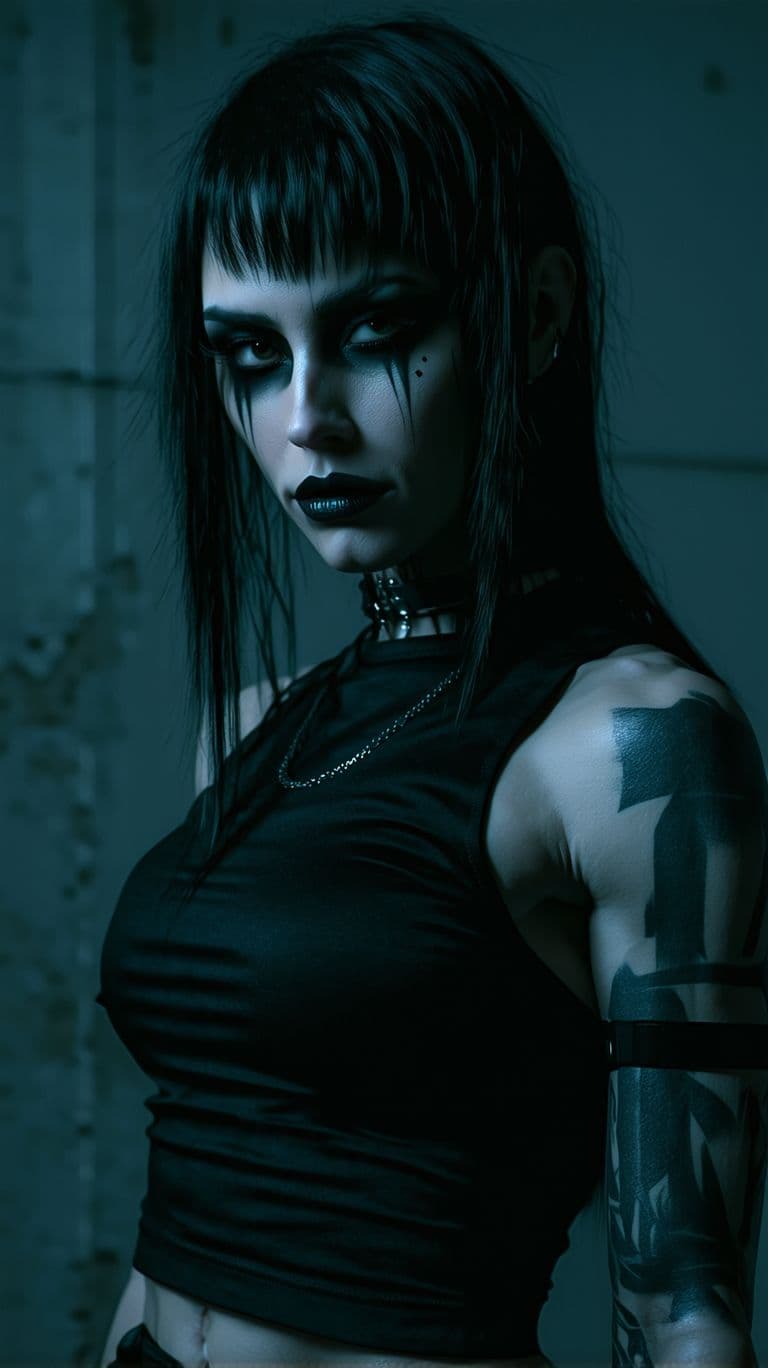 AI generated: A goth female bodybuilder. a muscular woman with pronounced goth traits, featuring dark eye makeup a...
