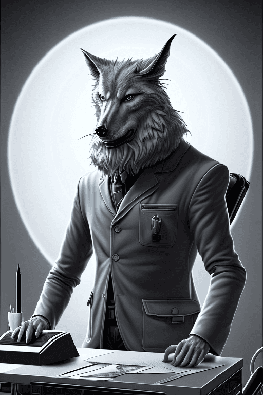 AI generated: A shockingly detailed monochromatic vector illustration of "Mr. Wolfe" sitting at a research station...