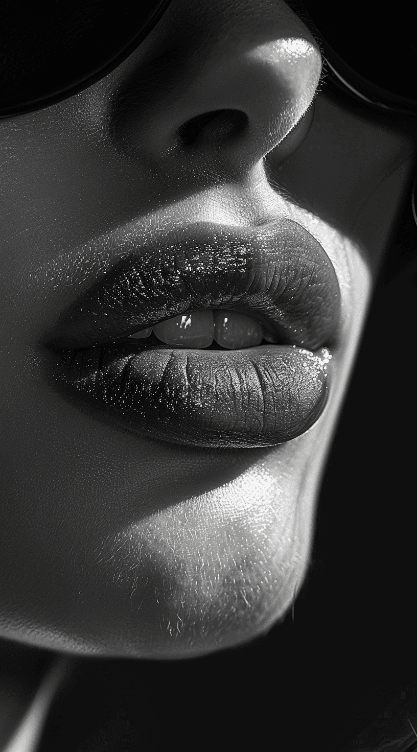 AI generated: A black and white photograph of the face of an attractive woman, focus on her lips, illuminated by d...