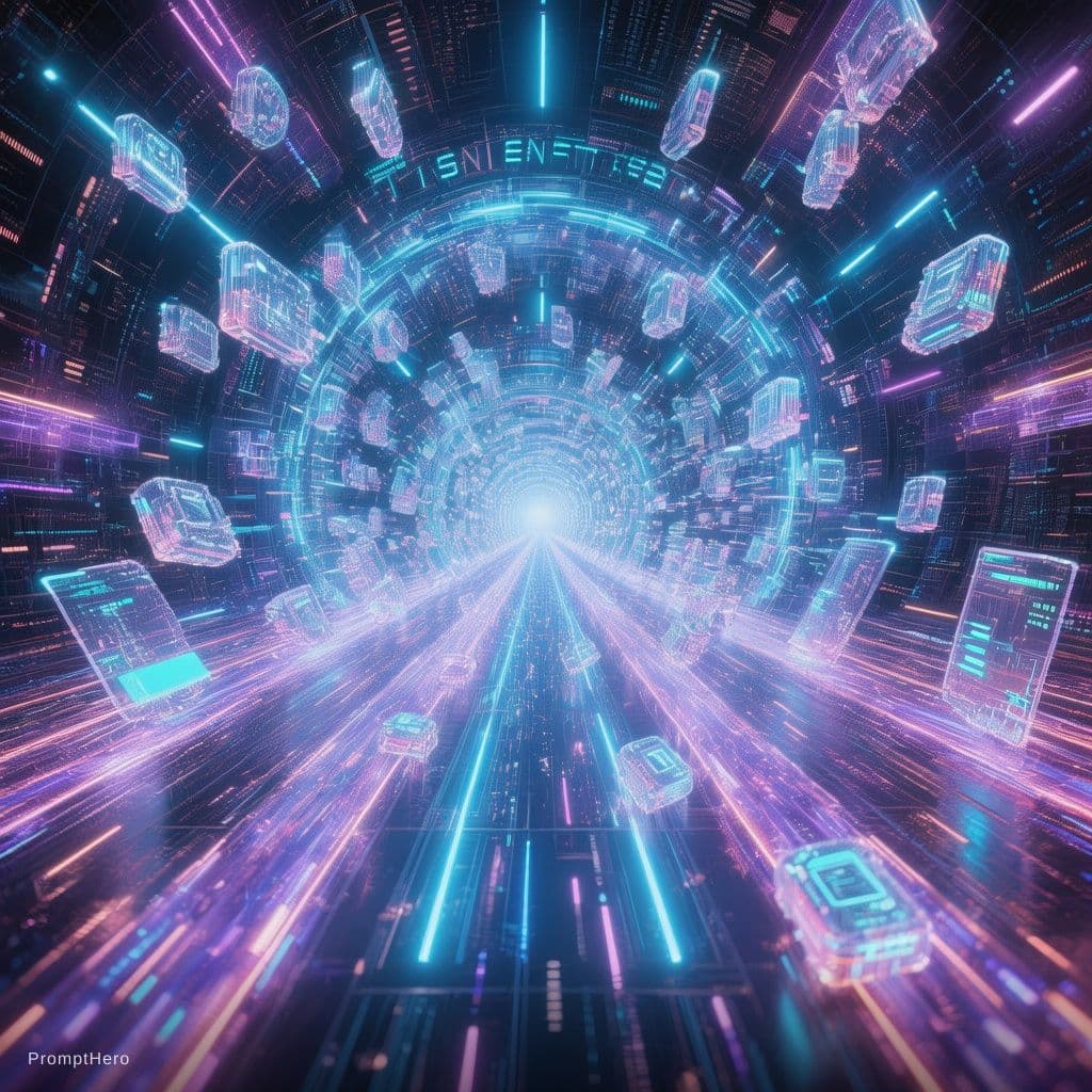 AI generated: A hyper-speed blockchain network visualized as parallel glowing lanes of light, data packets traveli...